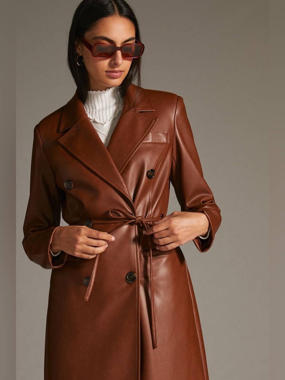 Avec Les Filles Reese Vegan Leather Trench Coat Brown Small Petite